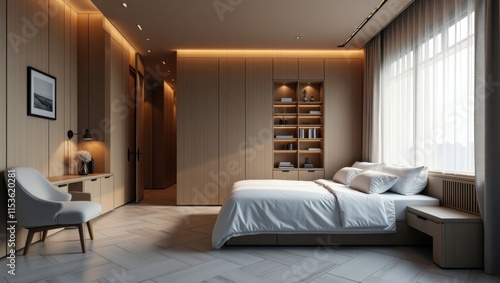 Serene bedroom with minimalist design. Warm lighting and neutral tones create a calm atmosphere. The bed, dresser, and closet are made of light wood.