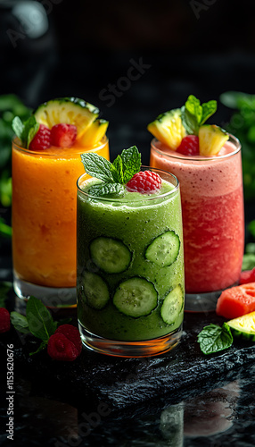 Wallpaper Mural 
A vibrant assortment of metabolism-boosting drinks, featuring green tea, a refreshing watermelon smoothie, and a tropical pineapple shake Torontodigital.ca