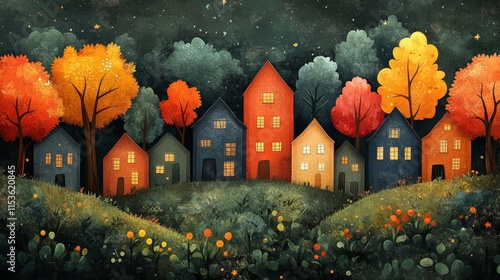 Whimsical forest illustration with colorful trees and houses. Generative AI photo