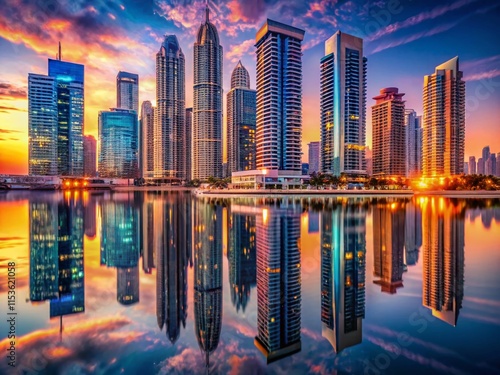 Surreal Dusk Reflections: Jumeirah Lakes Towers, Dubai Skyline