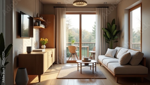 Wallpaper Mural Sunlight streams into a modern living room, illuminating a light beige sofa and wooden furniture. A serene and minimalist aesthetic. Torontodigital.ca