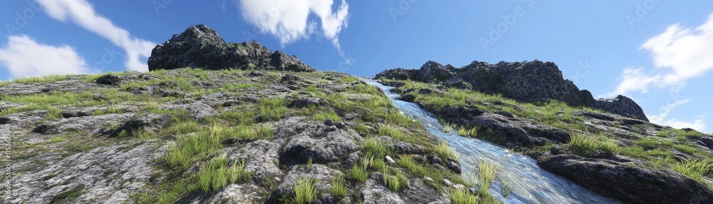 A scenic view of a rocky hillside with a flowing stream under a blue sky. A scenic view of a rocky hillside with a flowing stream under a blue sky.