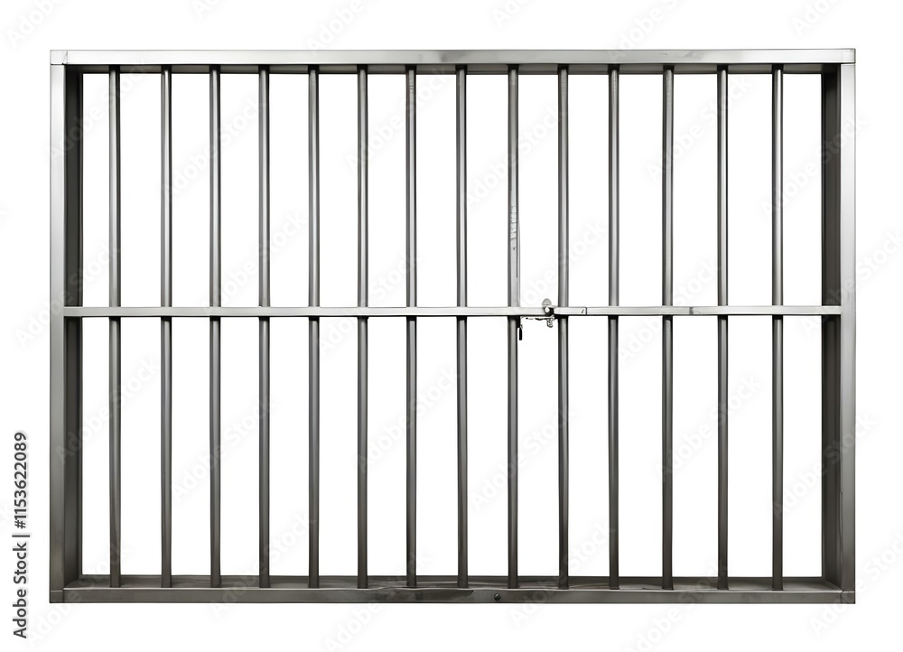 A metal prison cell with vertical bars A metal prison cell with vertical bars