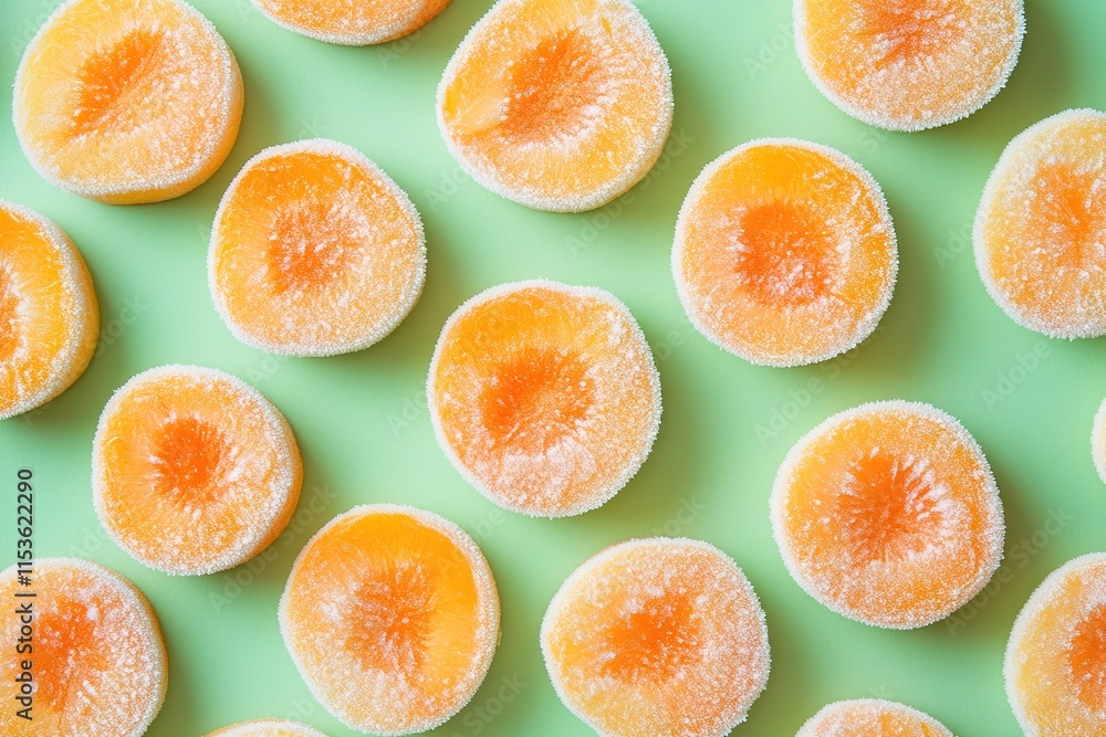 Brightly colored frozen fruit slices arranged neatly on vibrant Brightly colored frozen fruit slices arranged neatly on vibrant