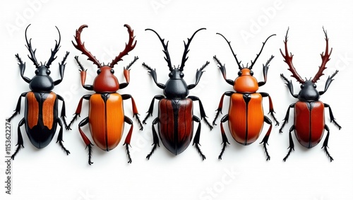 Five vibrant beetles with striking orange and black patterns are arranged in a row against a stark white background. Their intricate details and contrasting colors make them visually captivating.
