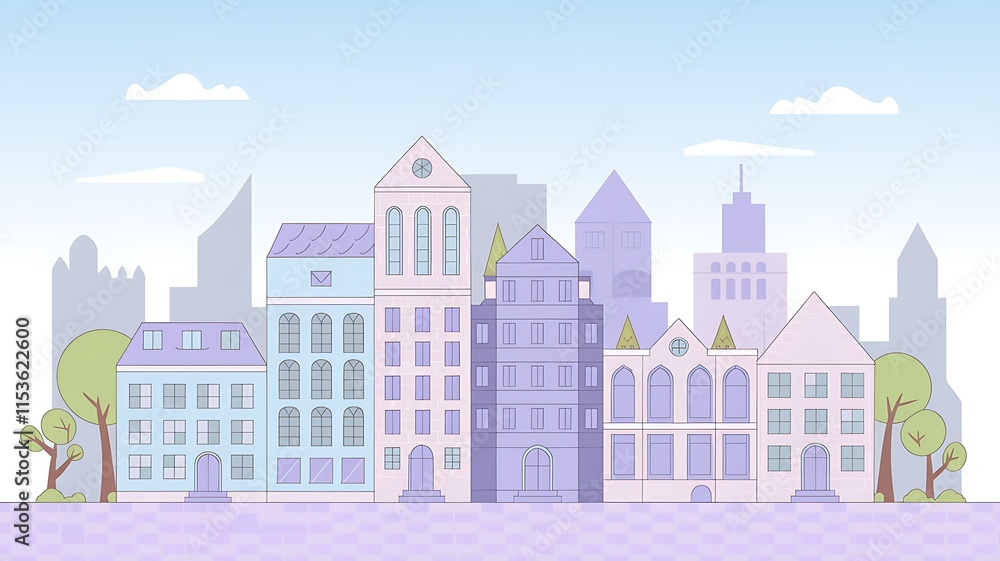 Pastel Colored Cityscape Featuring Various Buildings and Trees Pastel Colored Cityscape Featuring Various Buildings and Trees