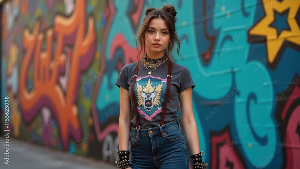 Fototapeta premium A young woman with dark hair styled in space buns stands confidently before a vibrant graffiti wall. Her gray t-shirt features an animal graphic, and she's accessorized with layered necklaces.