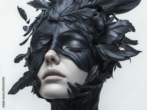 Unique and artistic portrayal of a woman’s face and head enveloped in black feathers, blending creativity and mystery in a striking visual photo