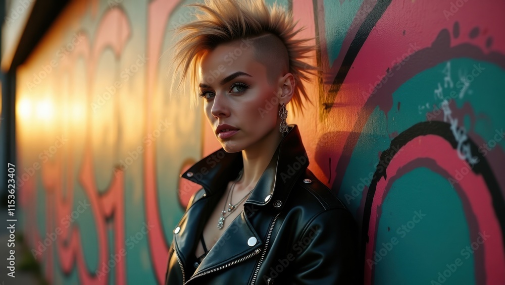 A young woman with a mohawk hairstyle poses against a colorful graffiti wall, bathed in the warm glow of sunset. Her edgy style and confident expression create a powerful image. A young woman with a mohawk hairstyle poses against a colorful graffiti wall, bathed in the warm glow of sunset. Her edgy style and confident expression create a powerful image.