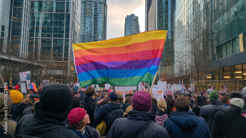 Vibrant scene featuring a big lgbtq flag at a lively protest with happy and joyful people celebrating equality and pride
