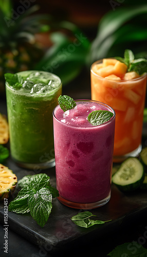 Wallpaper Mural A vibrant assortment of metabolism-boosting drinks, featuring green tea, a refreshing watermelon smoothie, and a tropical pineapple shake. Perfect for promoting health and wellness.

 Torontodigital.ca