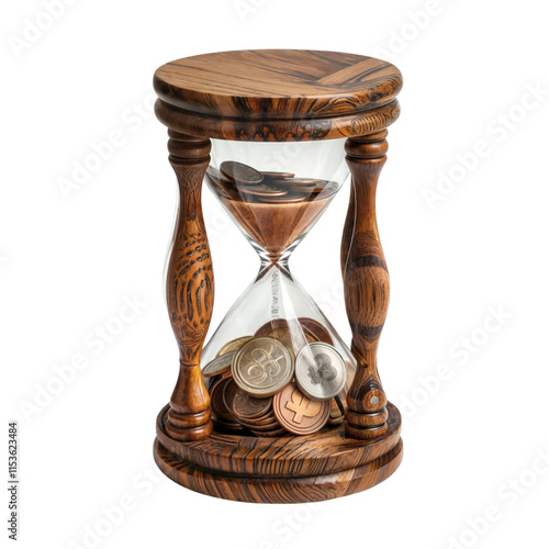 Time is Money: A vintage hourglass with intricate wooden frame filled with coins, symbolizing the passage of time and the value of money.   photo