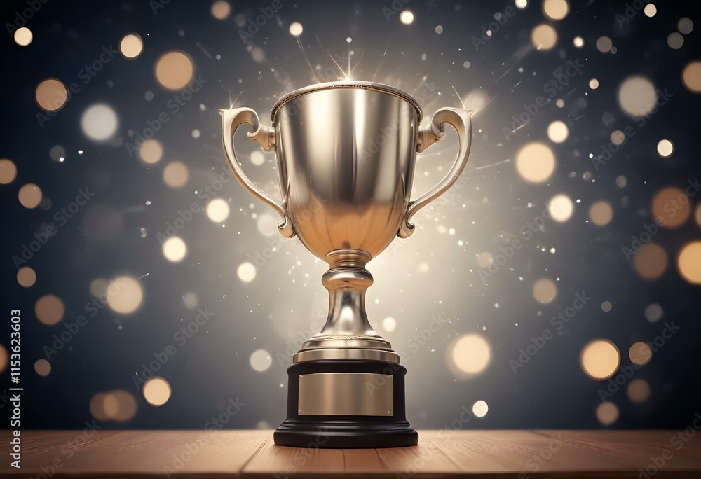 A silver trophy cup on a wooden surface against a blurred background with sparkling lights , representing an award or achievement A silver trophy cup on a wooden surface against a blurred background with sparkling lights , representing an award or achievement