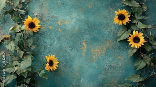 Maternity backdrop, wedding backdrop, photography background with delicate sunflowers and green vintage wall. Generative Ai