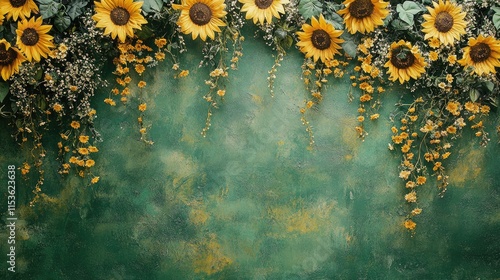 Maternity backdrop, wedding backdrop, photography background with delicate sunflowers and green vintage wall. Generative Ai