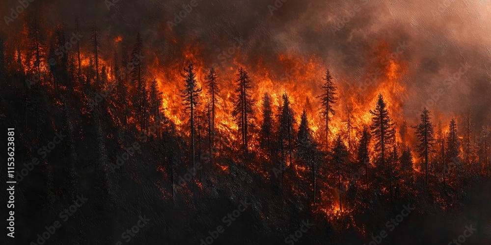 Mountainside trees consumed by fire create a vivid image of destruction, highlighting the impact of flames on the natural landscape in the mountains. This fiery scene captures the mountainside s Mountainside trees consumed by fire create a vivid image of destruction, highlighting the impact of flames on the natural landscape in the mountains. This fiery scene captures the mountainside s