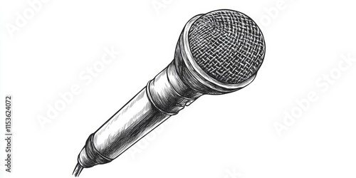 Hand drawn microphone illustration isolated on a white background, showcasing a detailed microphone design. This microphone artwork highlights the artistic take on the classic microphone concept.