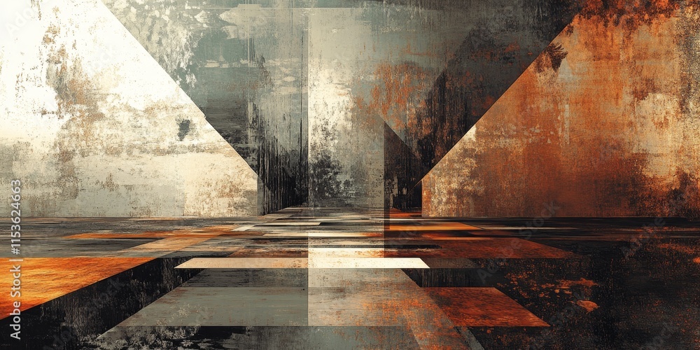 Naklejka premium Abstract landscape features psychedelic geometric patterns in rusty metallic hues. It presents a surreal, futuristic retro backdrop with metallic elements.