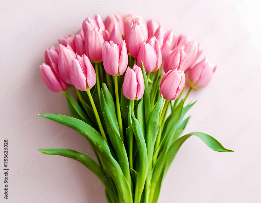 Fototapeta premium Bouquet of pink tulips on a pink background.