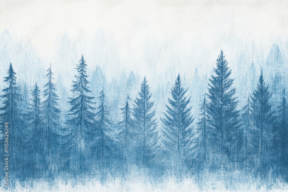 Fototapeta premium Winter themed doodle depicting a serene forest landscape with evergreen trees in soft blue hues on a light background. Generative AI
