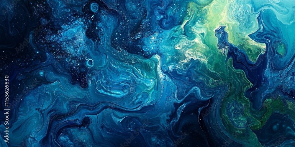 Fluid art captures a vibrant blend of blue and green acrylic paint, creating an abstract background that resembles liquid motion in an underwater galactic smoke effect. Fluid art captures a vibrant blend of blue and green acrylic paint, creating an abstract background that resembles liquid motion in an underwater galactic smoke effect.
