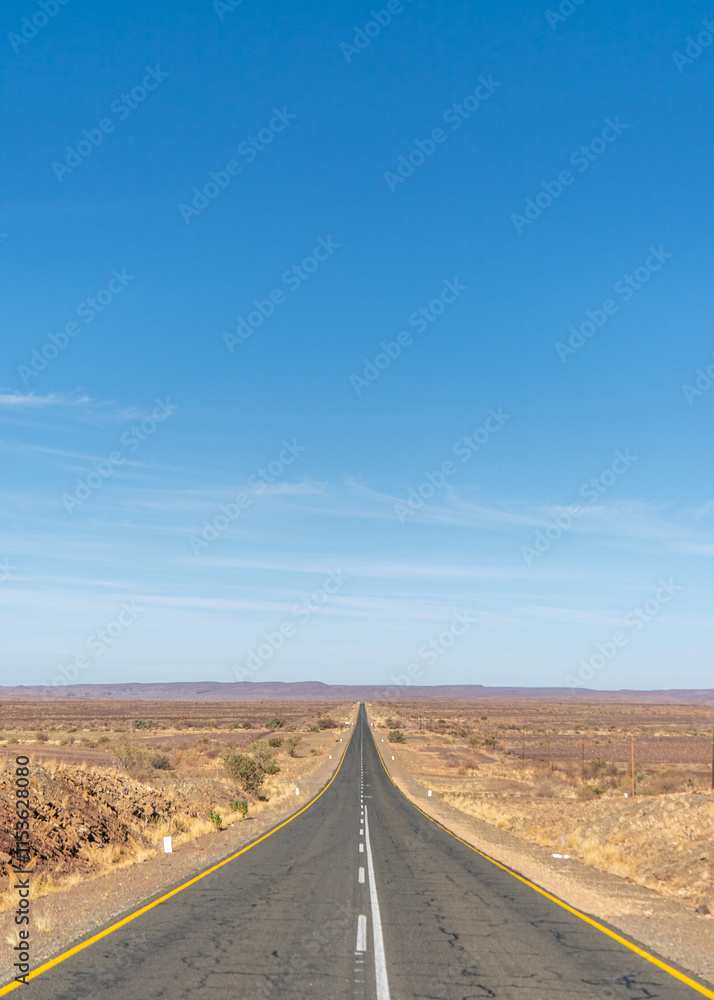 An endless Namibian road stretches into infinity, flanked by rugged desert and open skies. An endless Namibian road stretches into infinity, flanked by rugged desert and open skies.