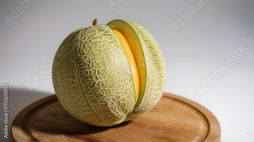 A photo of a melon with a green skin and a yellow flesh. The melon is sitting on a wooden board. photo