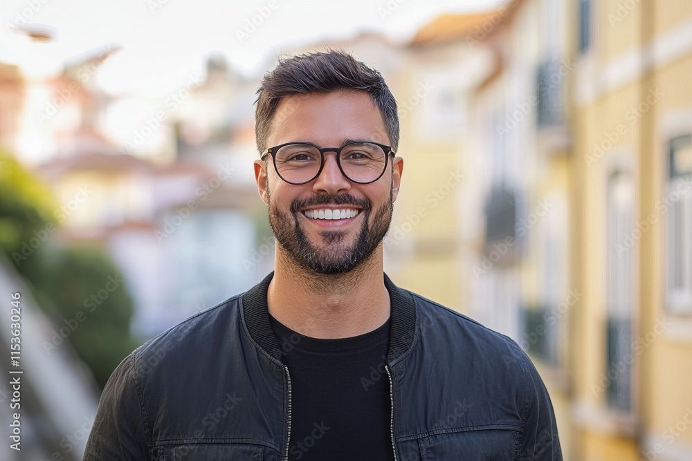 Smiling Man in City Portrait - Happy and Confident Individual in Urban Setting Smiling Man in City Portrait - Happy and Confident Individual in Urban Setting