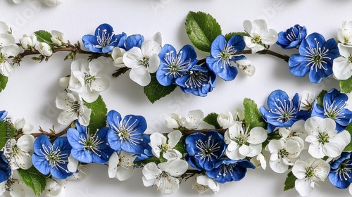 hyper realistic photo of  A delicate blue floral pattern on a white background, featuring various blossoms and leaves in an elegant design photo