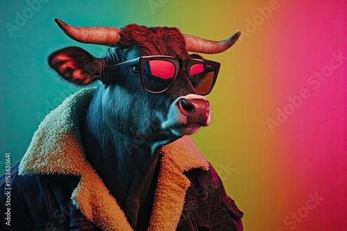 bull. Looking cool in fashionable clothes and glasses. Wide banner with space for text on the right. bright lighting