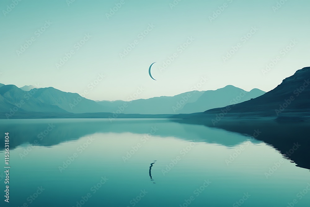A Serene Lake Reflecting a Crescent Moon During Ramadan Isolated on Transparent. PNG. A Serene Lake Reflecting a Crescent Moon During Ramadan Isolated on Transparent. PNG.
