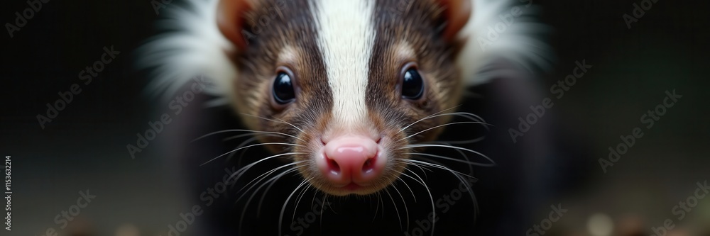 A captivating close-up portrait of a skunk with piercing dark eyes and delicate white whiskers against a softly blurred dark background revealing its endearing charm A captivating close-up portrait of a skunk with piercing dark eyes and delicate white whiskers against a softly blurred dark background revealing its endearing charm