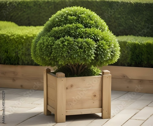 A green topiary plant in a wooden planter