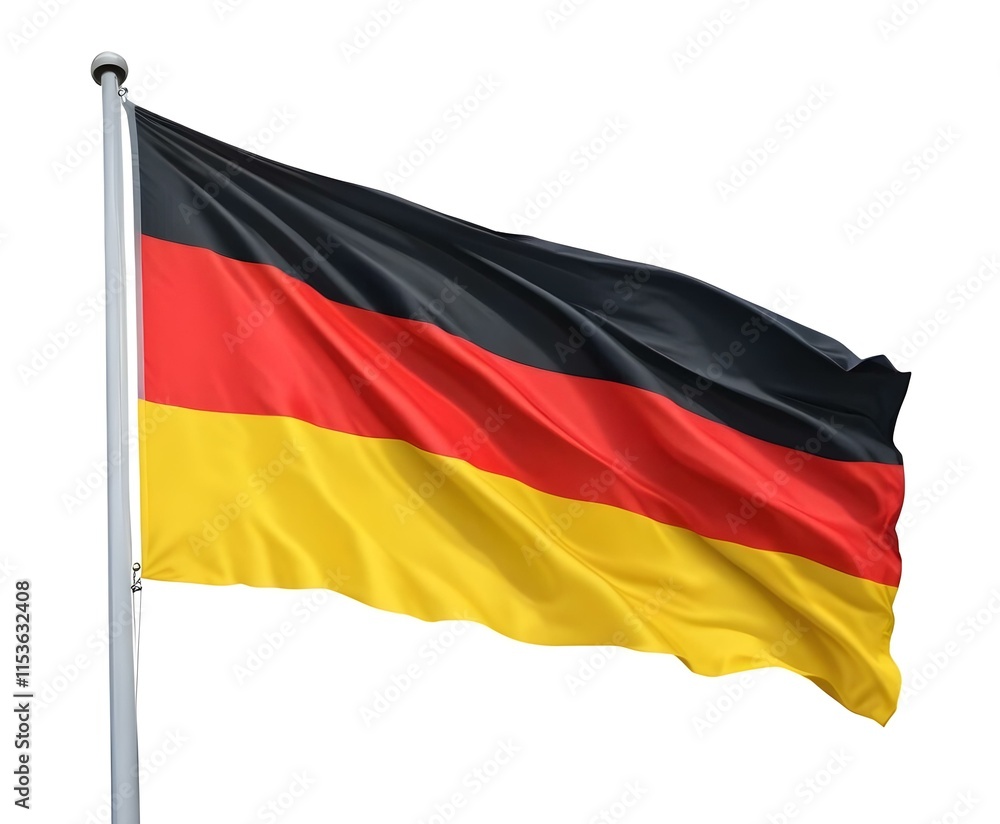A German flag waving in the wind, with the traditional black, red, and gold colors A German flag waving in the wind, with the traditional black, red, and gold colors