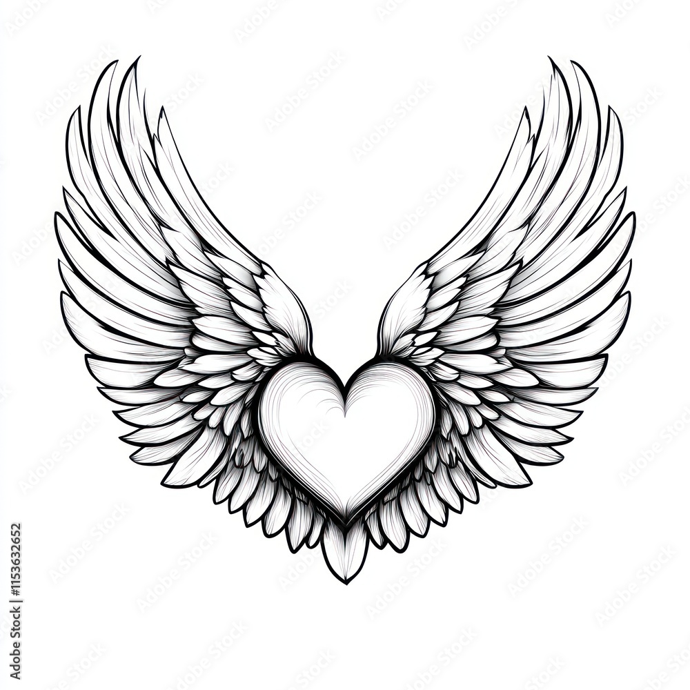 Obraz premium Heart with wings, line art, tattoo design.