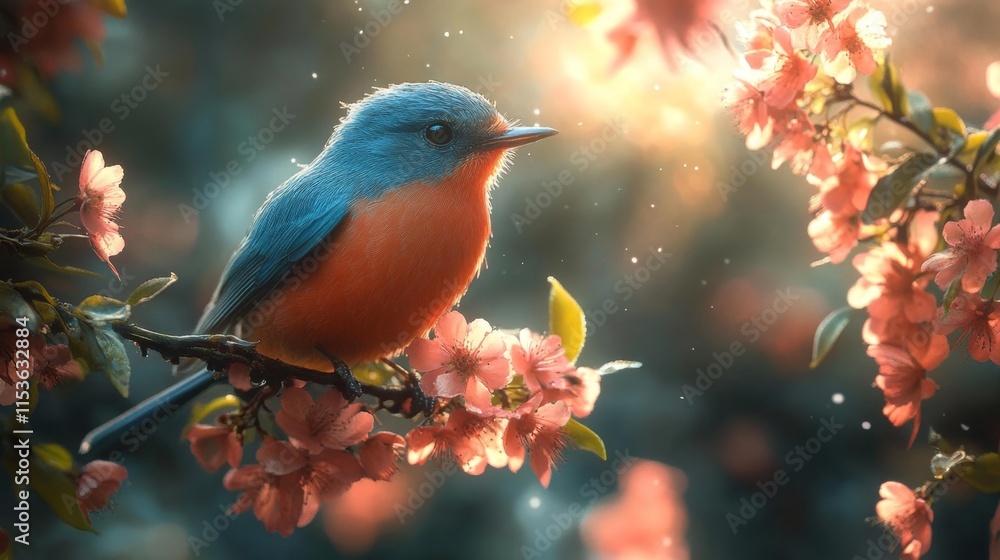 Bird on a Branch with Blossoming Flowers. Generative AI Bird on a Branch with Blossoming Flowers. Generative AI