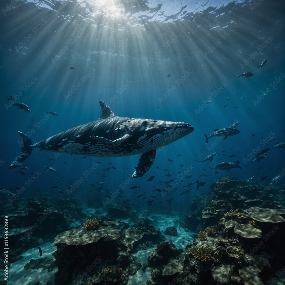 Fototapeta premium Describe an underwater kingdom led by whales.