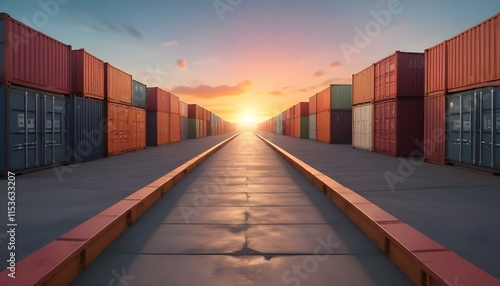 Wallpaper Mural Path leading towards a colorful sunset with cargo containers on both sides Torontodigital.ca