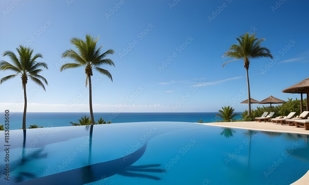 A tropical resort with a large infinity pool overlooking the ocean, with a palm tree in the foreground and a clear blue sky in the background A tropical resort with a large infinity pool overlooking the ocean, with a palm tree in the foreground and a clear blue sky in the background