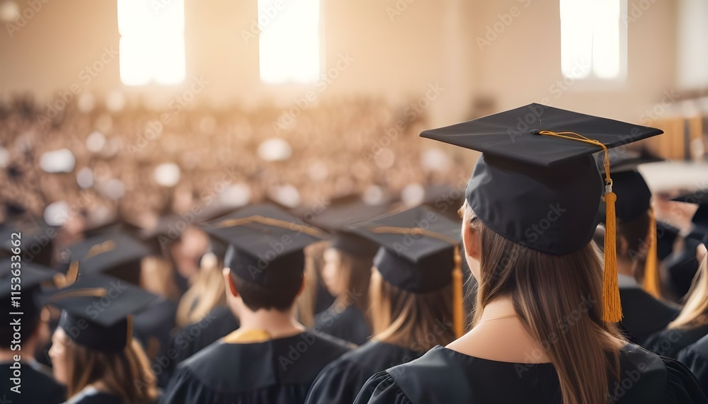 Obraz premium A group of graduates wearing black graduation caps at a commencement ceremony, with the focus on the back of one graduate's cap