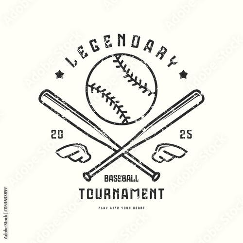 Baseball tournament typographic emblem with rough texture. Thin line style design for t-shirt. Black print on white background
