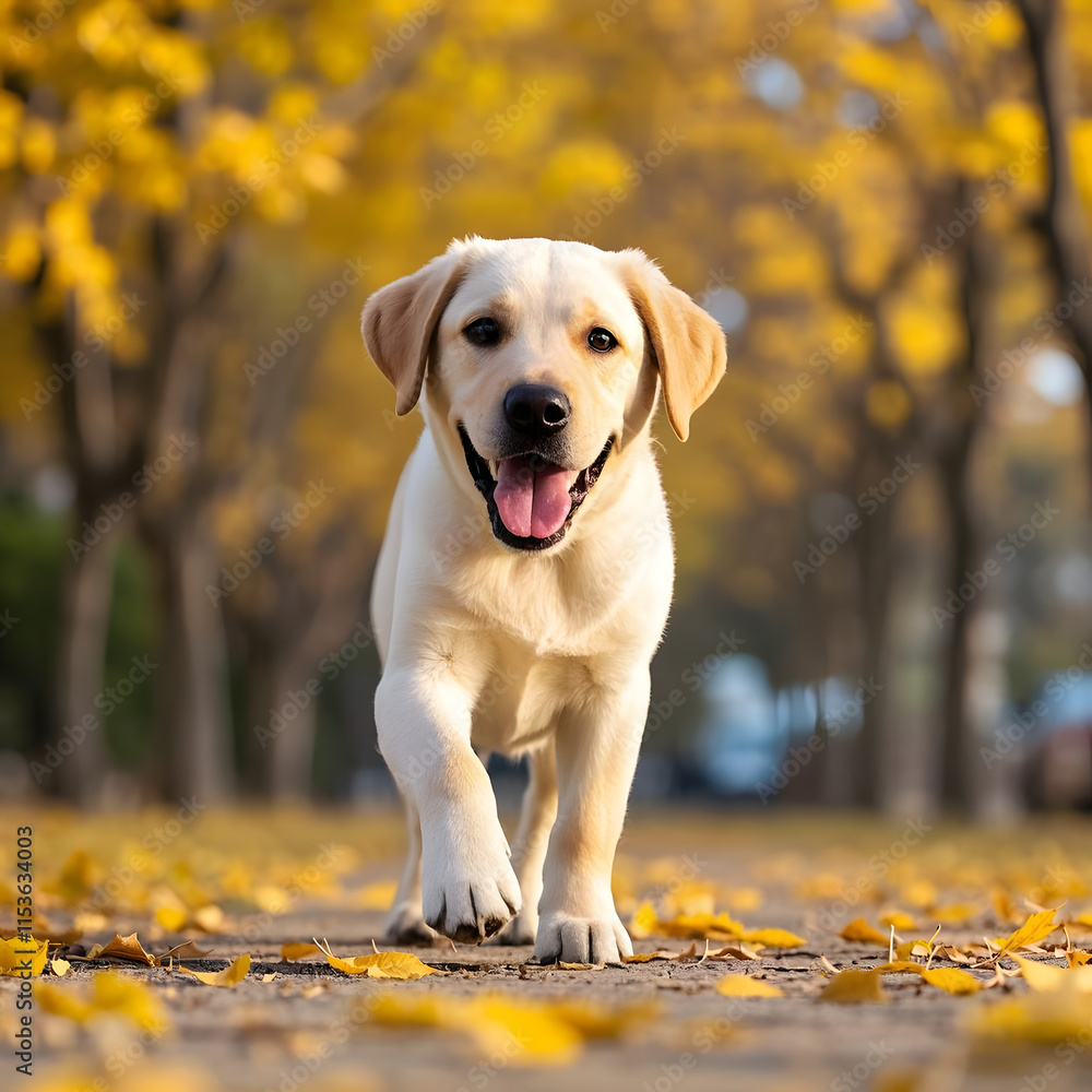Happy Yellow Labrador Retriever Walking on an Autumn Path Happy Yellow Labrador Retriever Walking on an Autumn Path