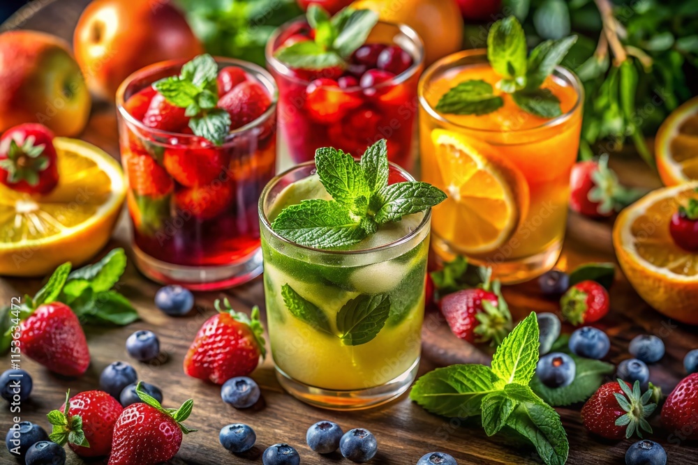 Vibrant Colorful Juice Drinks with Fresh Fruit and Mint, Long Exposure Photography Vibrant Colorful Juice Drinks with Fresh Fruit and Mint, Long Exposure Photography