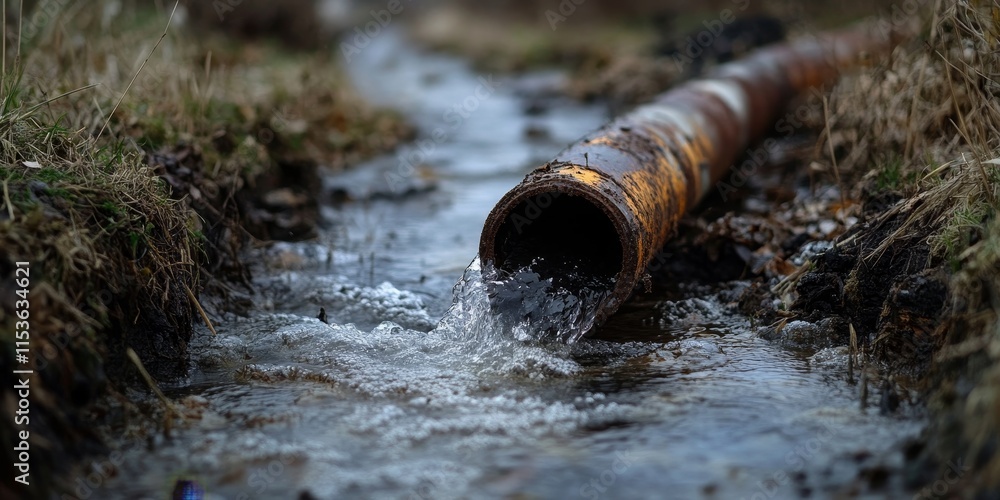 The appearance of contaminated water flowing through corroded metal pipes reflects modern farming practices in Europe and their impact on the environment.