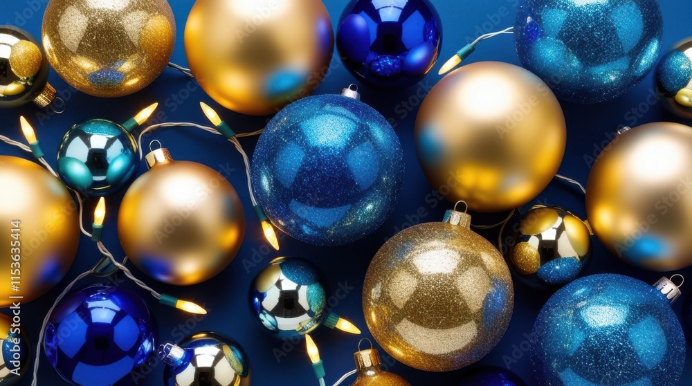Holiday web banner with shimmering gold and blue baubles and glittering lights. Holiday web banner with shimmering gold and blue baubles and glittering lights.