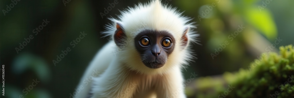 A Captivating Portrait of a Juvenile Silvery Lutung with Intense Amber Eyes Gazing from a Lush Green Forest Canopy A Captivating Portrait of a Juvenile Silvery Lutung with Intense Amber Eyes Gazing from a Lush Green Forest Canopy