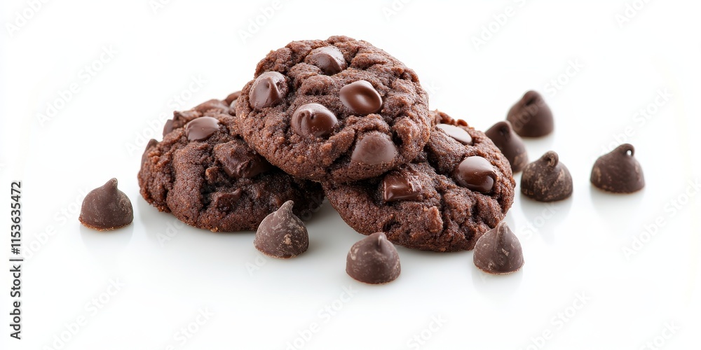 Obraz premium Chocolate drop cookies isolated on a white background showcase delightful treats. These cookies with chocolate drops are perfect for anyone craving a sweet indulgence in a simple, pure form.