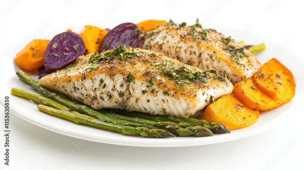 A plate of herb-crusted fish filet with purple sweet potatoes, bright orange squash ribbons, and green asparagus tips, arranged artfully on a clean white plate, set against a pristine white background A plate of herb-crusted fish filet with purple sweet potatoes, bright orange squash ribbons, and green asparagus tips, arranged artfully on a clean white plate, set against a pristine white background