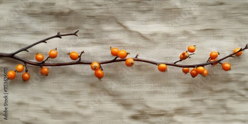 Branch of buckthorn featuring cup berries, emphasizing its medicinal properties. This buckthorn branch highlights the medical usefulness of its berries, elegantly showcased on a strip of napkin.