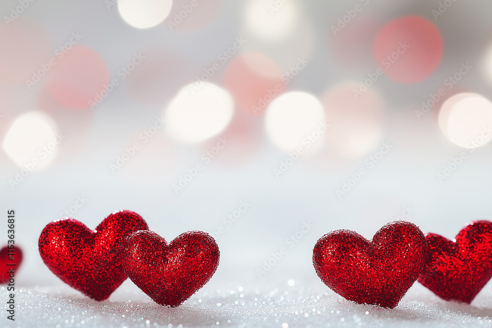 A Valentine's Day background with small glitter red hearts scattered across the bottom, set against a soft white bokeh light background. A Valentine's Day background with small glitter red hearts scattered across the bottom, set against a soft white bokeh light background.